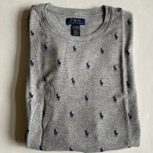 Polo Ralph Lauren Allover Pony Thermal Waffle Knit Long Sleeve Shirt Gray w/Navy